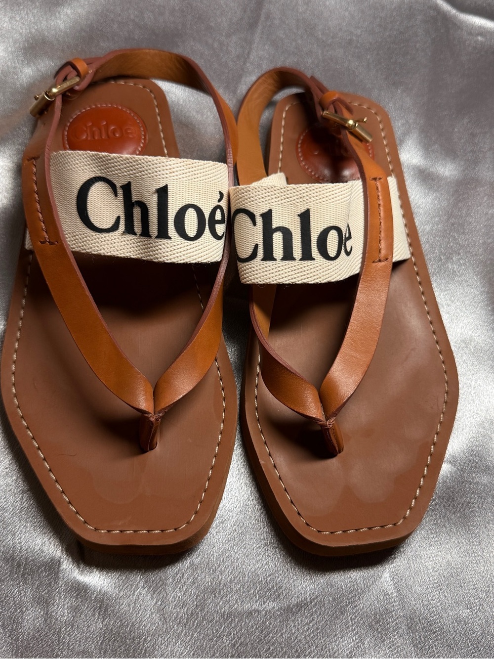 CHLOE Woody Flat Sandal Thong Slingback Logo Canvas Tan EU 35 US 5